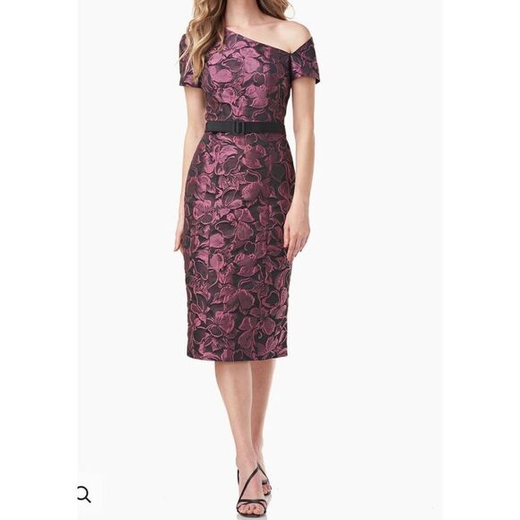 NWT Kay Unger Alana Sheath Jacquard Floral Midi Dress Sz 6/Black Cherise - Picture 1 of 6